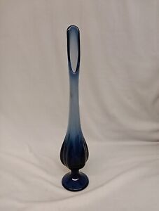 Vintage 13.5” Charcoal Blue 6 Petal Swung Glass Vase Viking Rare Color