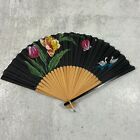 Vintage Japanese Hand Painted Floral Wildlife Lacquer Wood Folding Fan