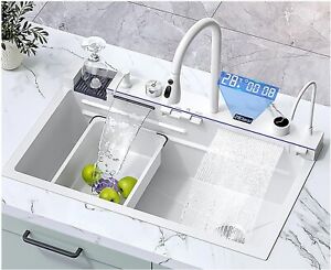 White Flying Rain Waterfall Kitchen Sink Integrated w Pull-Out Tap Set 29.5 INCH