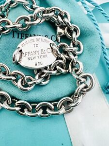 15” Please Return To Tiffany & Co Sterling Silver Oval Tag Choker Necklace