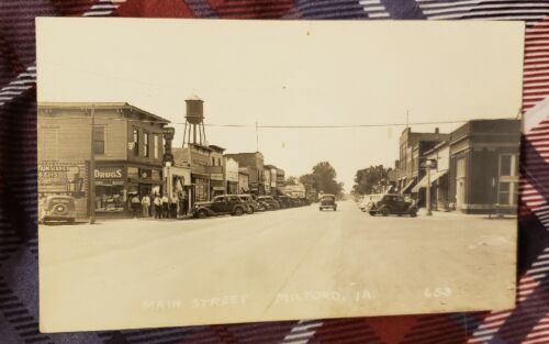 RARE Antique RPPC of Main Street Of Town, Milford, Iowa. 1915.