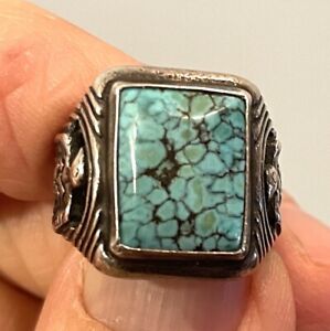 Vintage Sterling Turquoise Ring With Eagles Size 6.5
