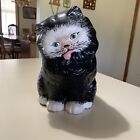 MCM Ceramic Persian Greeneyed Cat Sitting Statue Black Hollow Kitty Decor Vntg