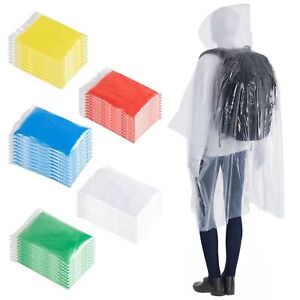 50 Pack Disposable Rain Ponchos for Adults, Emergency Ponchos with Hood One Size