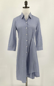 Theory Blue Stripe Cotton Button Dress Ruffle Side Sz 4