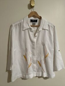 Sag Harbor White Embroidered Linen Button Down Floral Shirt Medium