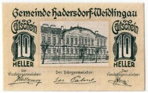1920 Austria Hadersdorf Notgeld 10 Heller Note (H73)
