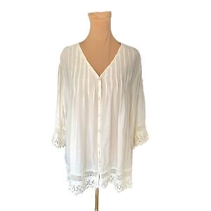 BLAIR Women's Size XL Blouse Creamy White Button Front Crochet Sleeve Detail Top