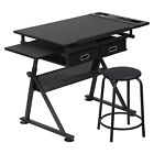 Drafting Table Art Desk Drawing Table Height Adjustable w/2 Drawers &Stool Black