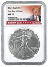 2023 1oz Silver Eagle NGC MS70 First Day Issue White Core Trump 2024