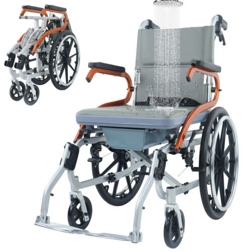 Folding Travel Shower Wheelchair 4-in-1 Bedside Commode Bathroom Chair