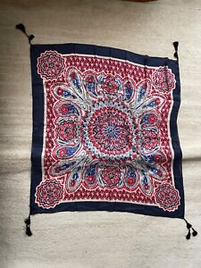 Lucky Brand Silk Scarf Tassels Red White Blue Scarf Floral Geometric Pattern