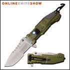 ARMY GREEN SPRING POCKET KNIFE Tactical Military Assisted Open Blade LED LIGHT