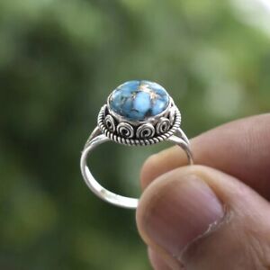 925 Sterling Silver Blue Copper Turquoise Round Handmade GENUINE Ring