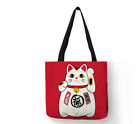 15x15 Red Japanese Lucky Happy Cat Linen Tote Shoulder Weekender Library Bag