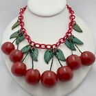 VINTAGE CELLULOID CARVED RED BAKELITE CHERRY FRUIT DANGLE CHARM NECKLACE