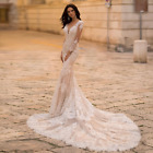 Elegant Lace Long Sleeve Mermaid Wedding DressTulle Cathedral  V-Neck ButtonBack