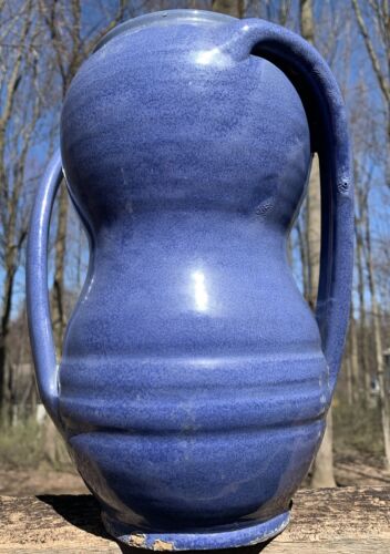 North Carolina Southern Art Pottery Apothecary Double Handled Jar BLUE Vase 12”