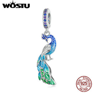 Wostu 925 Sterling Silver Purple Peacock Bracelet Charm Bead Necklace Pendant