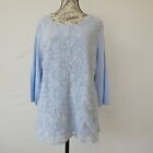 Chico's Sky Blue & Silver Embroidered Lace 3/4 Sleeve Jersey Knit Top Size 3