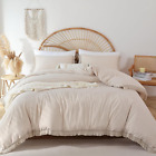 Beige Comforter Set King Size, 3 Pcs off White Boho Fringe Tufted Soft Microfibe
