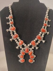 Southwest Genuine Coral Squash Blossom Necklace With Matching Earrings,...