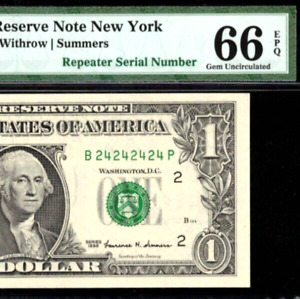 New Listing1999 $1 Federal Reserve Note PMG 66EPQ birthday fancy super repeater 24242424