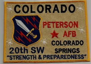 USAF BASE PATCH, PETERSON AFB COLORADO SPRINGS, COLORADO, 20TH SPACE WING      Y