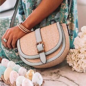 Izzy & Ali Small Natural Rattan and Light Blue Crossbody Bag OS