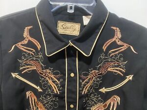 SCULLY Western Horse Shirt black tan pearl snap rodeo country cowgirl top L