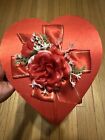 VTG FANNIE MAY RED HEART SHAPED VALENTINE CANDY BOX -SATIN Bow Plastic Flowers