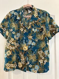 Sag Harbor Tropical Button Up Camp Shirt-Khaki, Tan, Peacock-M Fits Like a Large