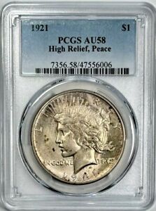 1921 Peace Silver Dollar AU 58 PCGS Certified High Relief Reverse Gently Toned