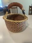Small Round Basket Hand Made in Ghana Natural Rattan Grass & Leather Purple Red