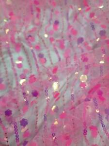 Neón Pink Lace 3d Sequin Iridescent Floral Flowers Prom Fabric Sold by the Yard