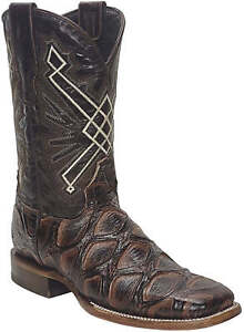 Men Pirarucu Fish Print Leather Western Wide Square Toe Brown Cowboy Boots