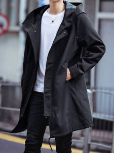 Spring Long Trench Coat Men Fashion Hooded Windbreaker Black Overcoat Big Size