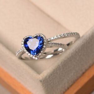 1.39 Ct Heart Natural Sapphire Diamond  Ring 14K Solid White Gold Size 7