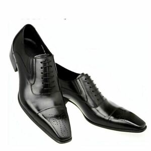 Mens Handmade Shoes Black Leather Oxford Brogue Toe Cap Lace-Up Formal Wear Boot