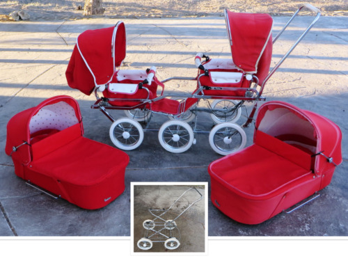 Vintage Swedish EMMALJUNGA BABY BUS Double Stroller RED Plus Single VIKING Frame