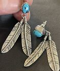Vintage Navajo Turquoise Gem Sterling Silver Feather Earrings Signed NN NR
