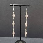 Sterling Silver Pierced Earrings Pink Quartz and Crystal Bead Long Dangle 3.5