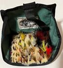50 USED FISHING FLIES, BOX INCLUDED, NYMPHS MIDGES WET FLY LOT BEADED NO RESERVE