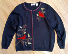 Womens XL Black Cardinal Bird Embroidered Vintage Wool Blend Cardigan Sweater
