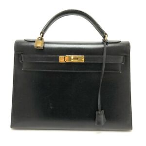 HERMES Kelly32 Outer sewing Bag Hand Bag Boxcalf Black/GoldHardware