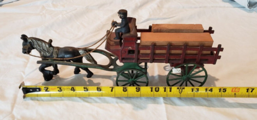 Cast Iron Toy Vintage Horse Drawn Cart with Person Antique