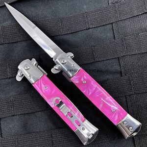 Falcon Mirror / Chrome with Pink Pearlex Spring Assisted Stiletto Knife 3.75