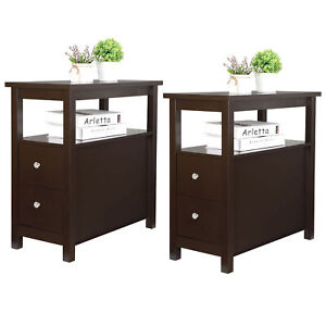 2 Pack Chairside End Table with 2 Drawer and Shelf Narrow End Table Store Books