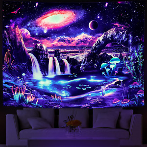 Blacklight Galaxy Tapestry Trippy Planet Tapestry UV Reactive Waterfall
