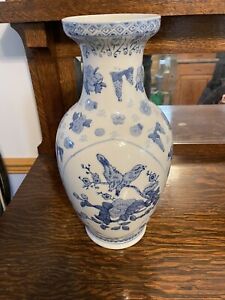 Vintage Chinese Asian Blue & White Porcelain Floral Birds Vase Large 14” Rare